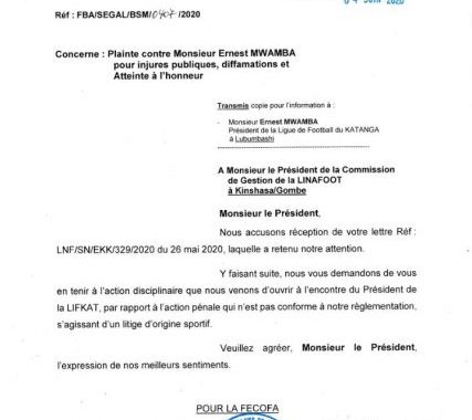 La FECOFA accuse réception de la plainte contre Ernest Mwamba