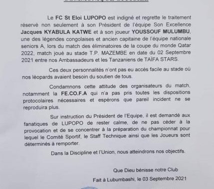 Lupopo indigné par le traitement réservé à Jacques Kyabula et Youssouf Mulumbu