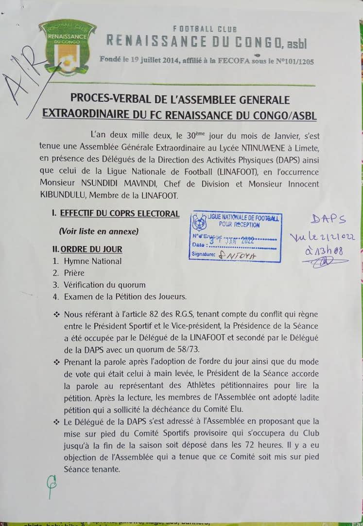 LINAFOOT : le bicéphalisme consacré au sein de Renaissance du Congo 1 IMG 20220205 WA0006