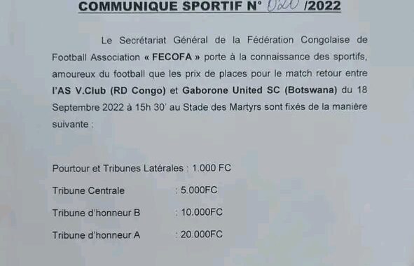 V.Club-Gaborone United : le pourtour à 1.000 FC!