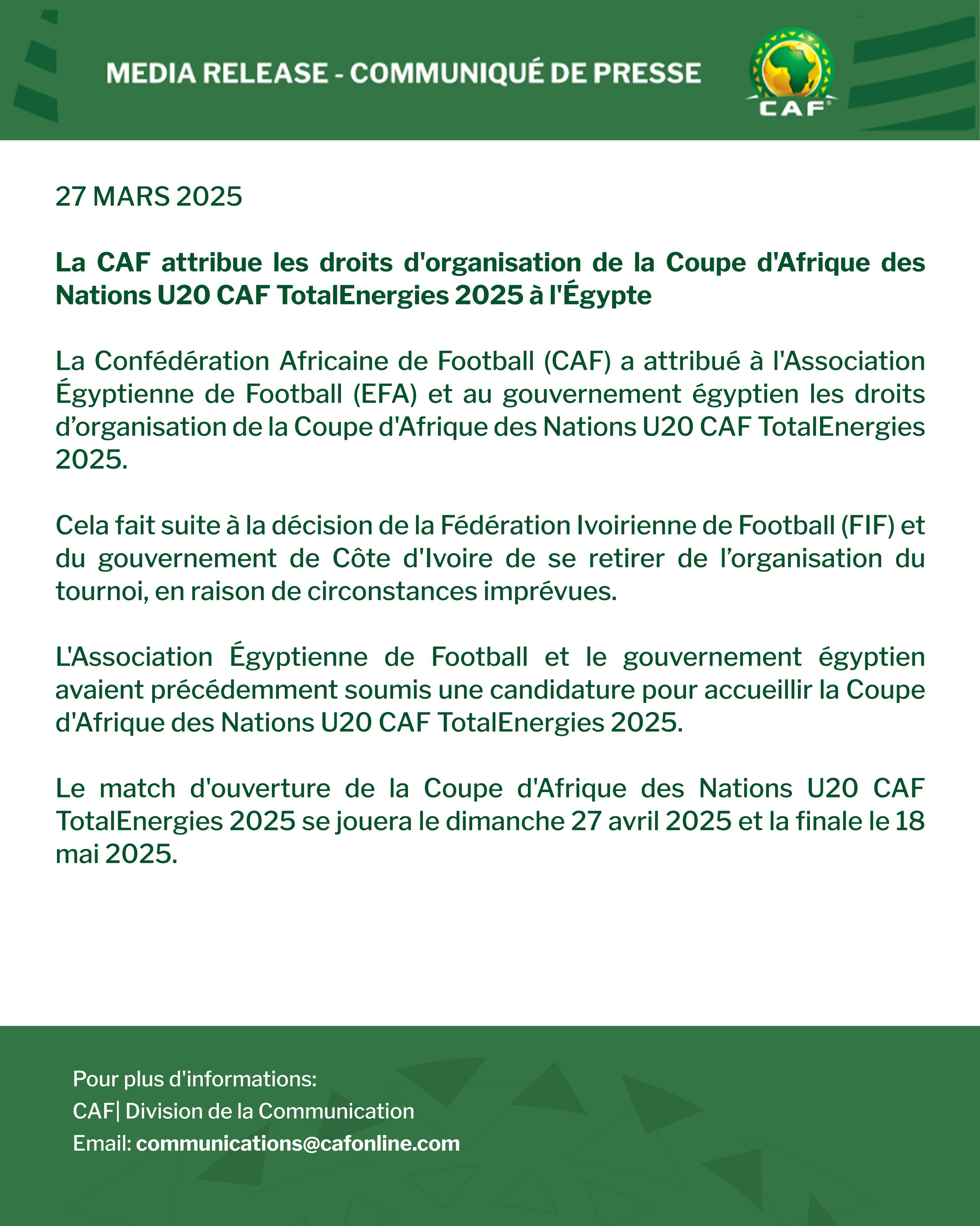 CAN U20 : l'Égypte, nouveau pays organisateur ! 4 IMG 20250327 WA0350