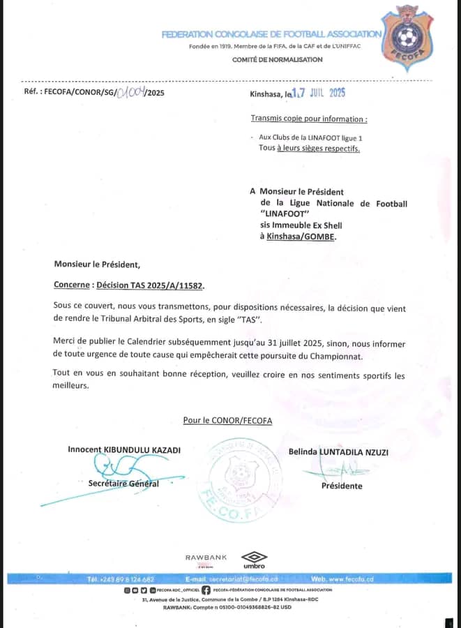 Suite au verdict du TAS, la Linafoot sommée de reprendre le championnat 1 IMG 20250718 WA0000