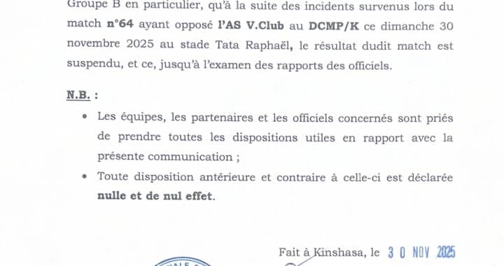 Ligue 1-RDC : le résultat du derby Kinois suspendu !
