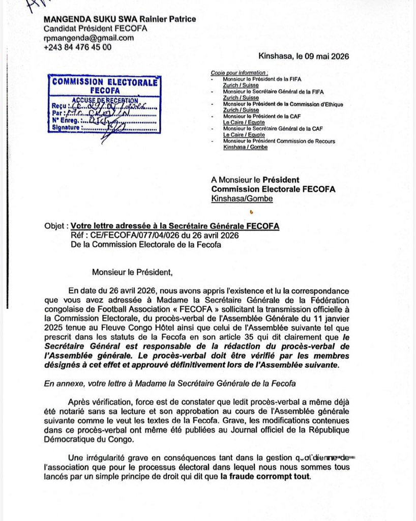 Élections à la FECOFA : des accusations d’irrégularités fragilisent davantage le processus électoral 3 IMG 20260510 WA0012