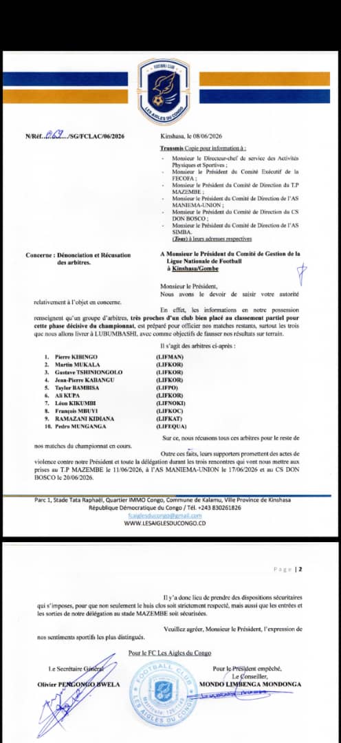 Ligue 1/ Play-offs : Les Aigles du Congo contestent certains arbitres et réclament des garanties de sécurité 1 IMG 20260609 WA0008