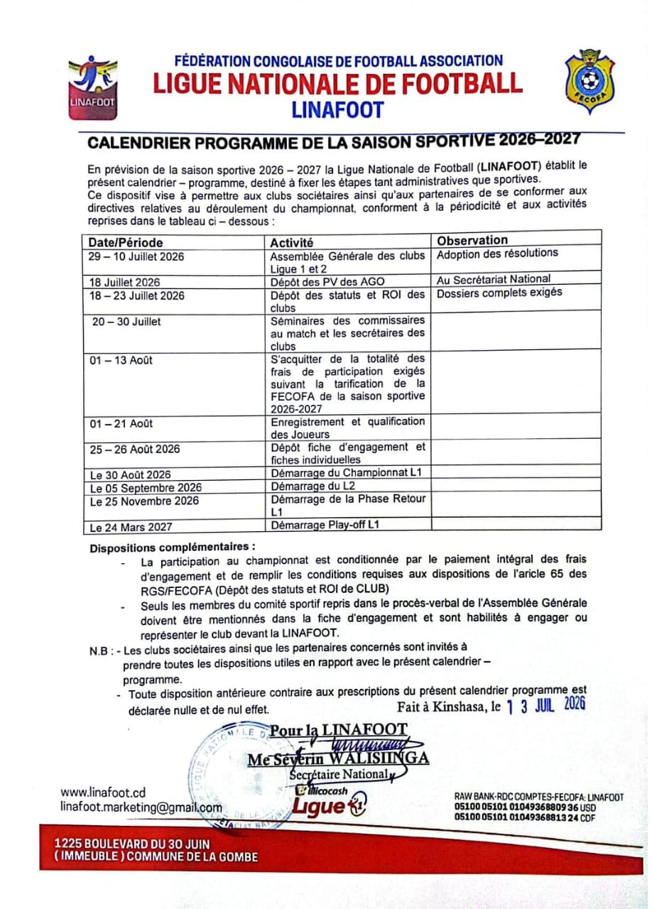 La Linafoot fixe le cap, la Ligue 1 débute le 30 août 4 IMG 20260714 WA0037
