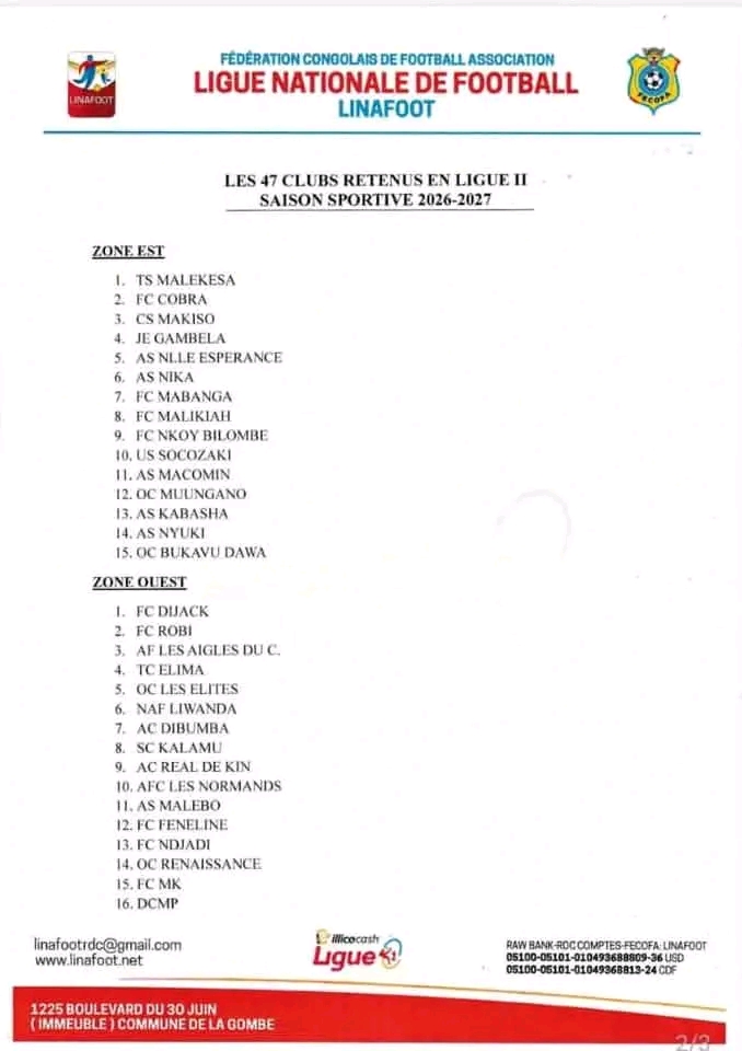 LINAFOOT : La liste officielle des 47 clubs retenus en Ligue 2 pour la saison 2026-2027 dévoilée 6 1786974041257