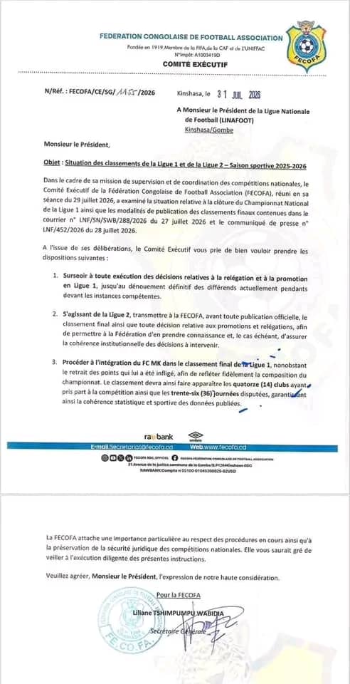 Ligue 1 et 2 : la FECOFA suspend les décisions sur les relégations et promotions ! 1 IMG 20260801 WA0019