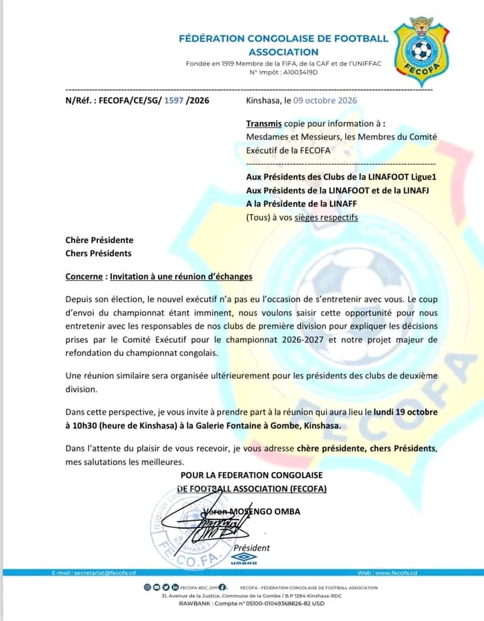 FECOFA : tête-à-tête entre Véron Mosengo-Omba et les clubs de Ligue 1 avant le lancement du championnat 1 IMG 20261014 WA0000